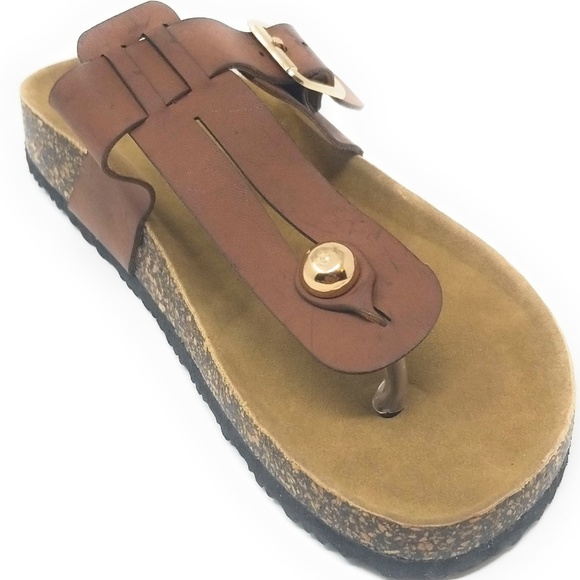 Victoria K Shoes - Women Cushioned Cork Thong Sandals in Brown HK7102
